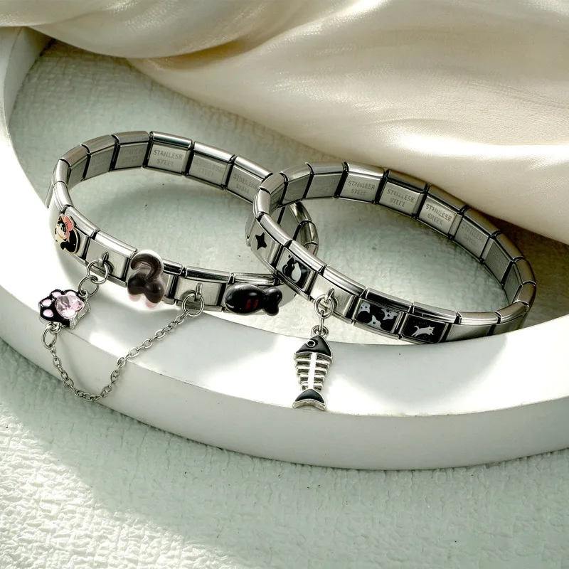 Fashion Elastic Bangles Dog Cat Paw Fish Bone Pendant Italian 9MM Charm Links Bracelet Set Jewelry Handmade For Christmas Gifts