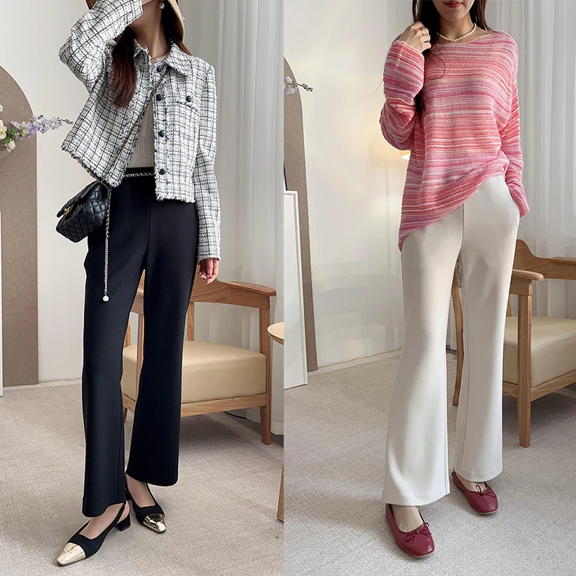 Confortable taille haute jambe droite Micro évasé minceur quatre voies Stretch pantalons décontractés femmes 2 couleurs printemps taille haute