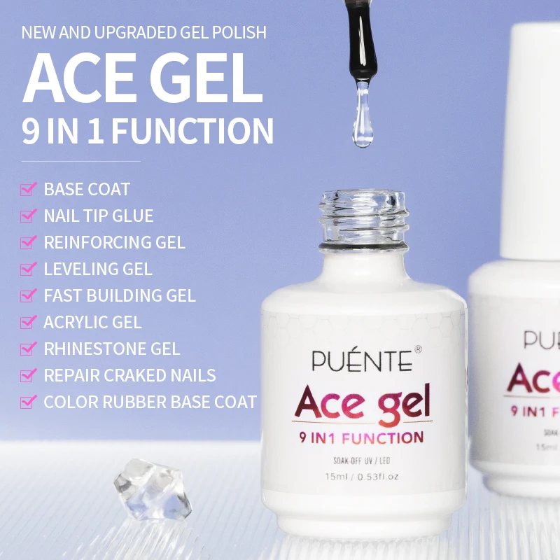 15 мл Ace Gel 9-в-1 Клей для ногтей Гель-лак для ногтей Прозрачная прозрачная функция УФ-гель Soak Off Гель-лак для дизайна ногтей Толщина Базовый гель