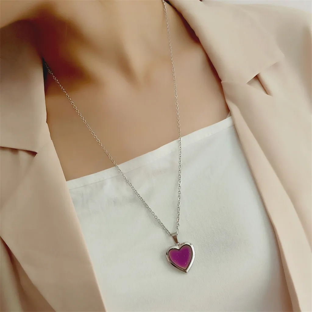 Heart Locket Color Changing Temperature Mood Stainless Steel Love Shape Photo Pendant Necklace Jewelry_maomaolike.com