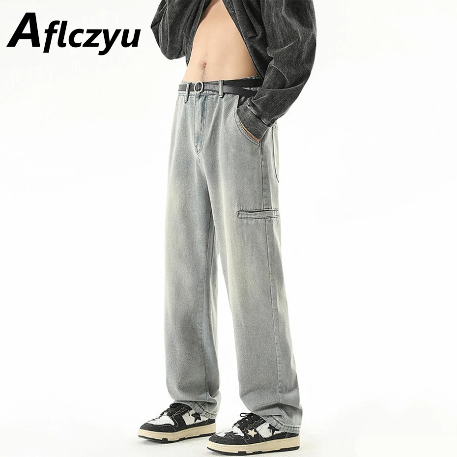 

Vintage Denim Pants Men Straight Jeans Fashion Casual Solid Color Jeans Male Harajuku Elastic Waist Denim Trousers