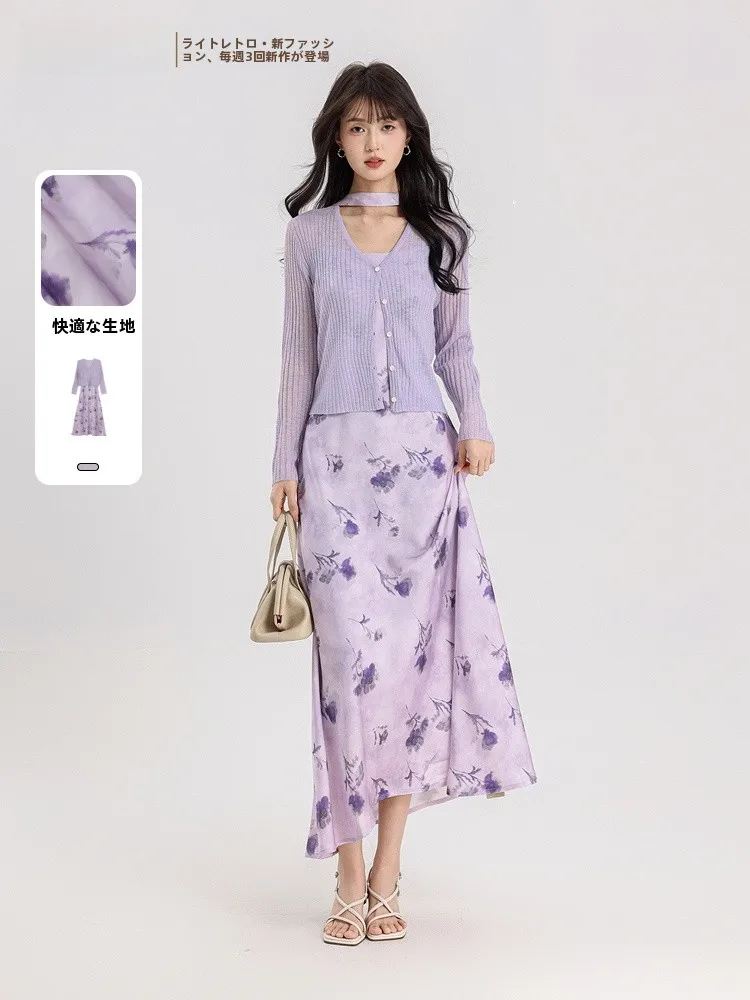 

Elegant Floral Print Two-Piece Set Summer 2026 Memory's Beginning Dress Ensemble Sophisticated Style Long Sleeve V-Neck Midi ...