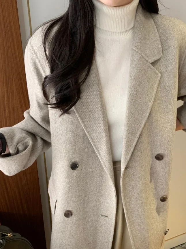 

Длинное шерстяное пальто в стиле ретро, женское шикарное элегантное высококачественное костюмное воротник, модная верхняя одежда, зимняя модная женская ткань премиум-класса