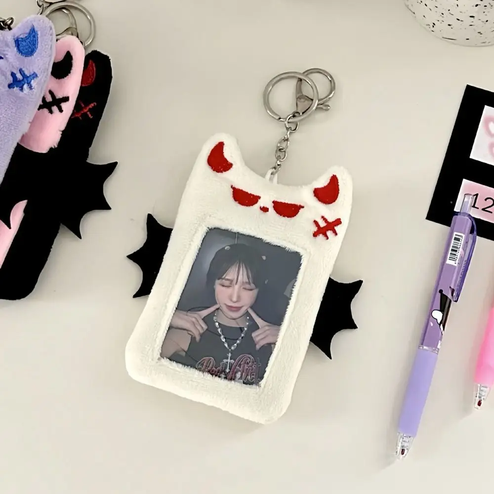 Bat Demon Cartoon Plush Photocard Holder Transparent Korean Style Cartoon Card Cover Protective Case with Keychain Pendant