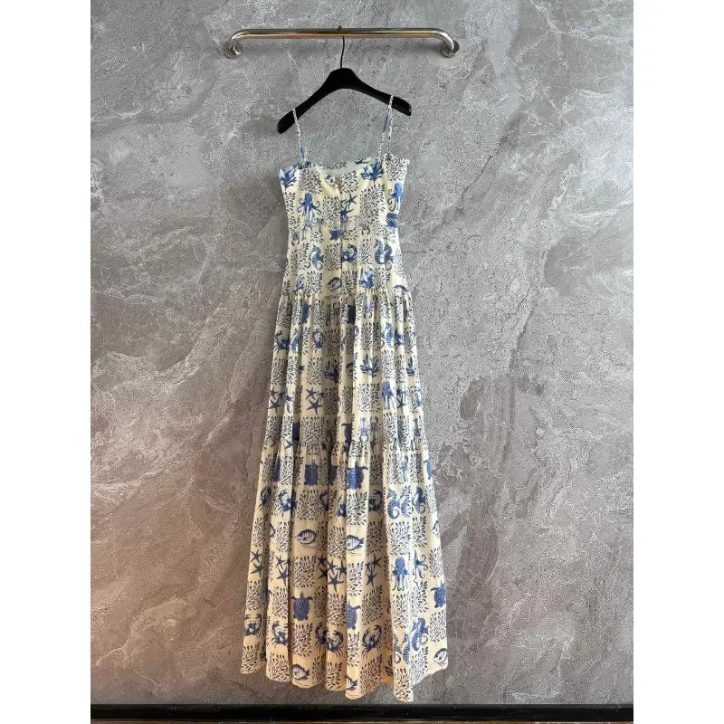 Blue White New High Quality 2025 Sea Print Sling Pleat Midi Dress Sleeveless for Holiday Sweaty Attractive