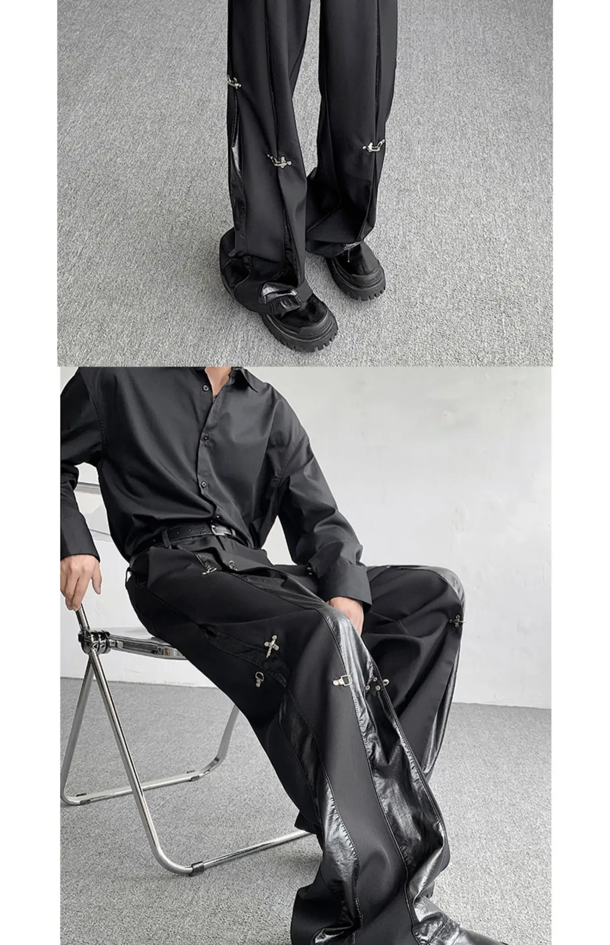 Y2K-Style Streetwear Herrenanzughose, Lässige Weite Hose mit Metallschnalle, PU-Leder-Splicing-Design, Ausgefallene Herrenhose – Detail 5