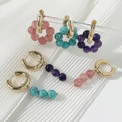 Minar Ethnic Multiple Candy Color Natural Stone Turquoise Hoop Earrings for Women Real Gold Plated Brass Strand Hanging Earring