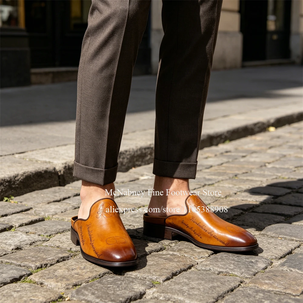 

Texture Tan Gradient Leather Script Backless Mules Slip on Casual Men Dress Shoes Summer Business Daily Office Wear Plus Size
