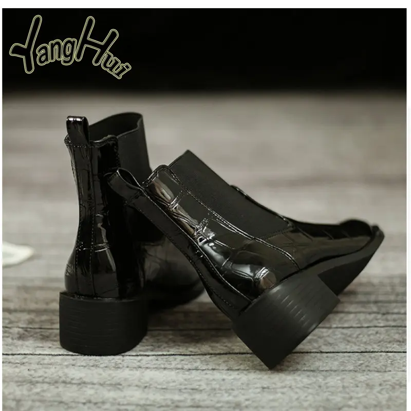 Thick Heel  Chelsea Boots Women Pu Splicing Stretch Fabric Non-slip British Style Modern Shoes 2023 New Spring Autumn