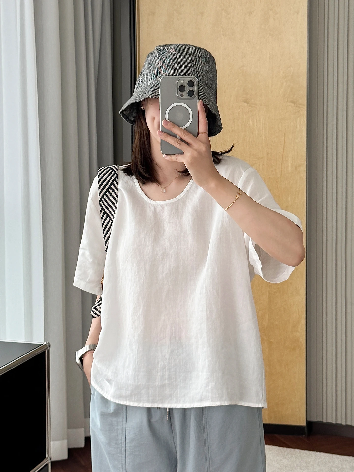 

Retro Japanese Sle Linen Mid-Sve T-irt Summer New round Ne Color Splicing Loose Casual Versatile Slimming Top