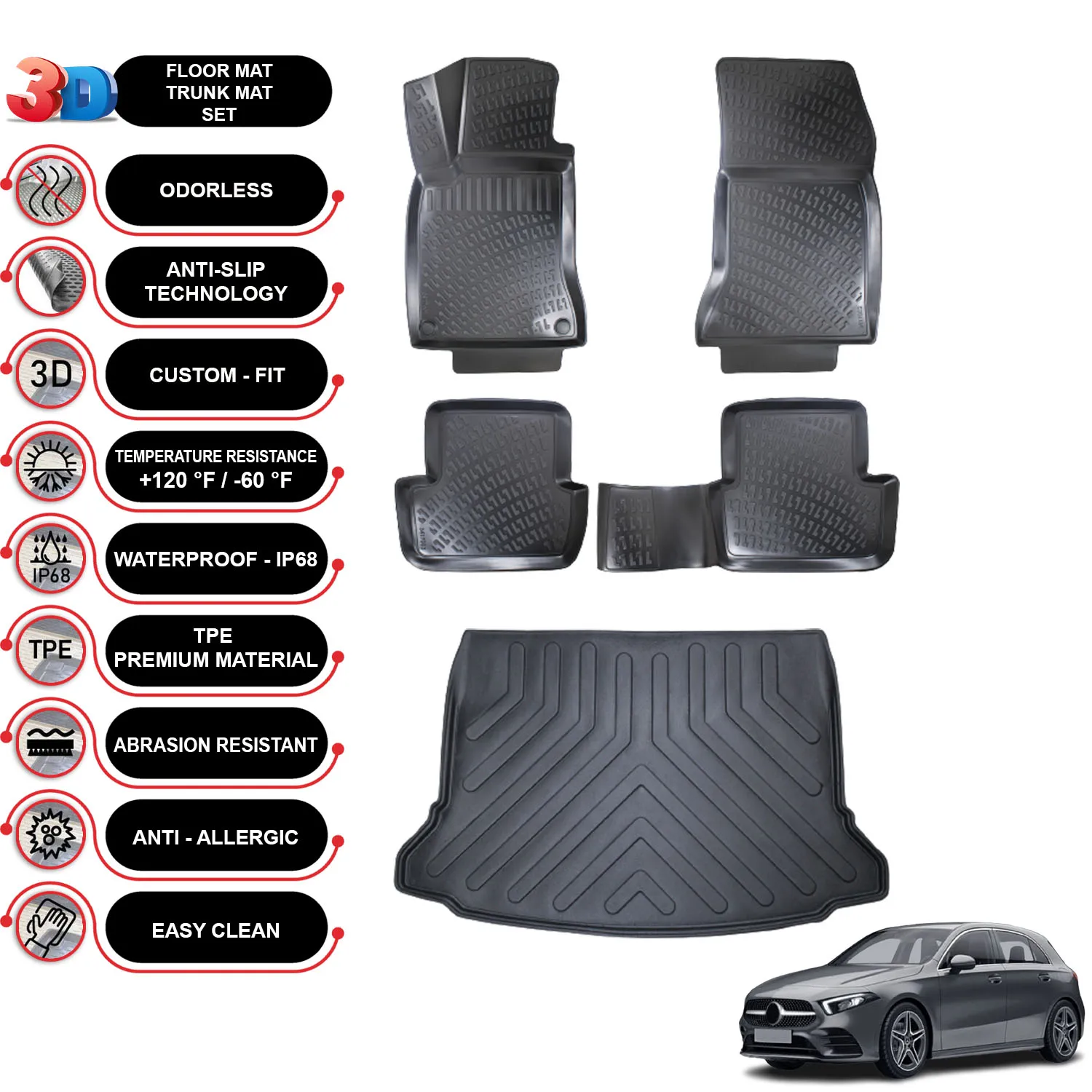 

Mercedes A Class W177 HB - (2018-2023) - Floor Mats + Cargo Trunk Liner - SET