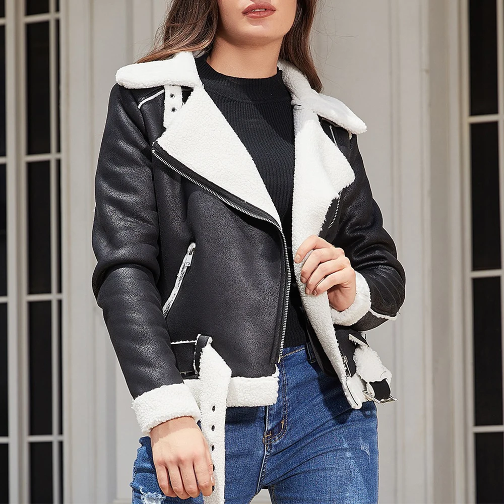 سترة نسائية من جلد الغزال مبطنة بالفرو الصناعي وياقة بحزام للخريف والشتاء معطف جلد دافئ ملابس خارجية أنيقة للسيدات