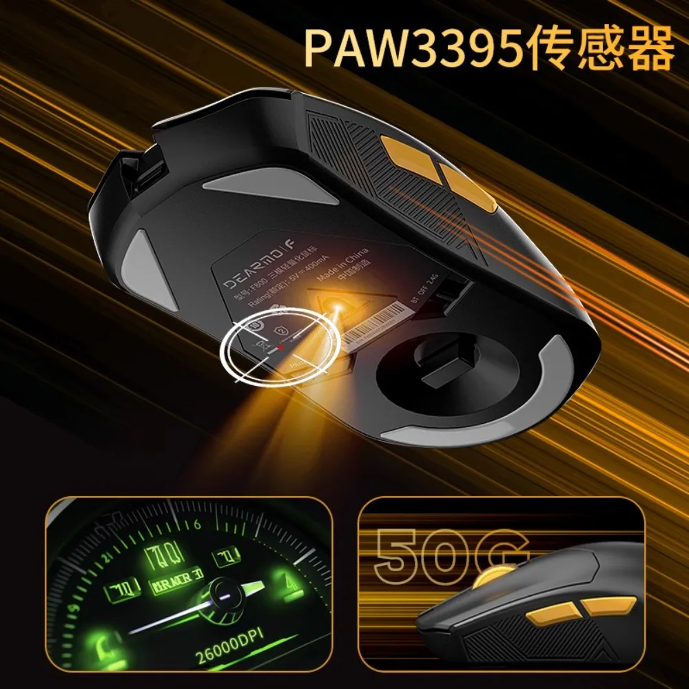 DEARMO F800 Gaming Mouse PAW3395 26000DPI 8Khz Wireless 3-Mode BT/2.4G/Wired Hole-less Lightweight 49g Ergonomic  70H