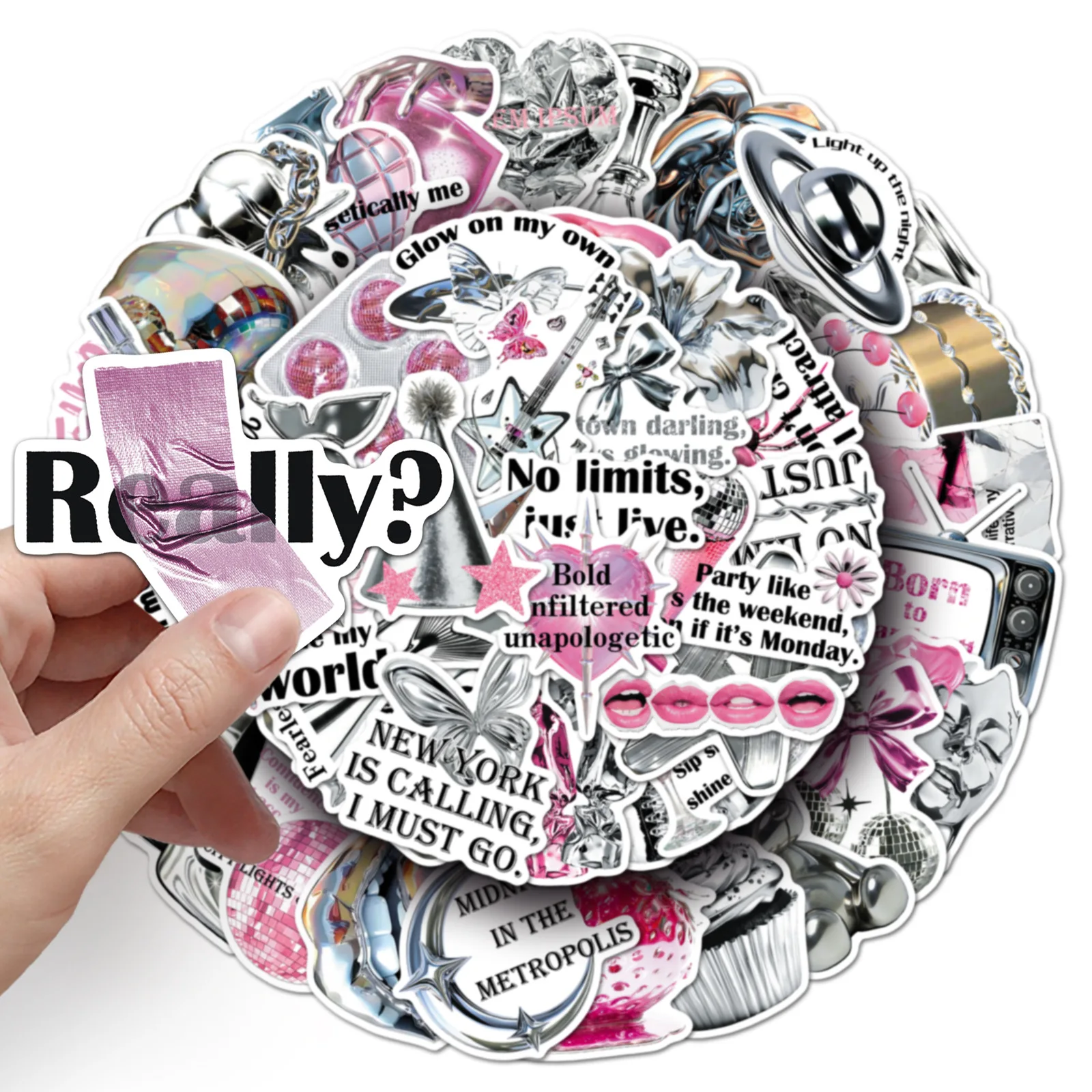 50/100PCS Y2K Silver & Pink Aesthetic Doodle Stickers, Waterproof DIY Decals for Phone Tablet Guitar Cup Stationery