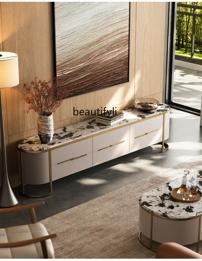 

lt New natural marble TV cabinet coffee table combination high-end designer villa floor cabinet