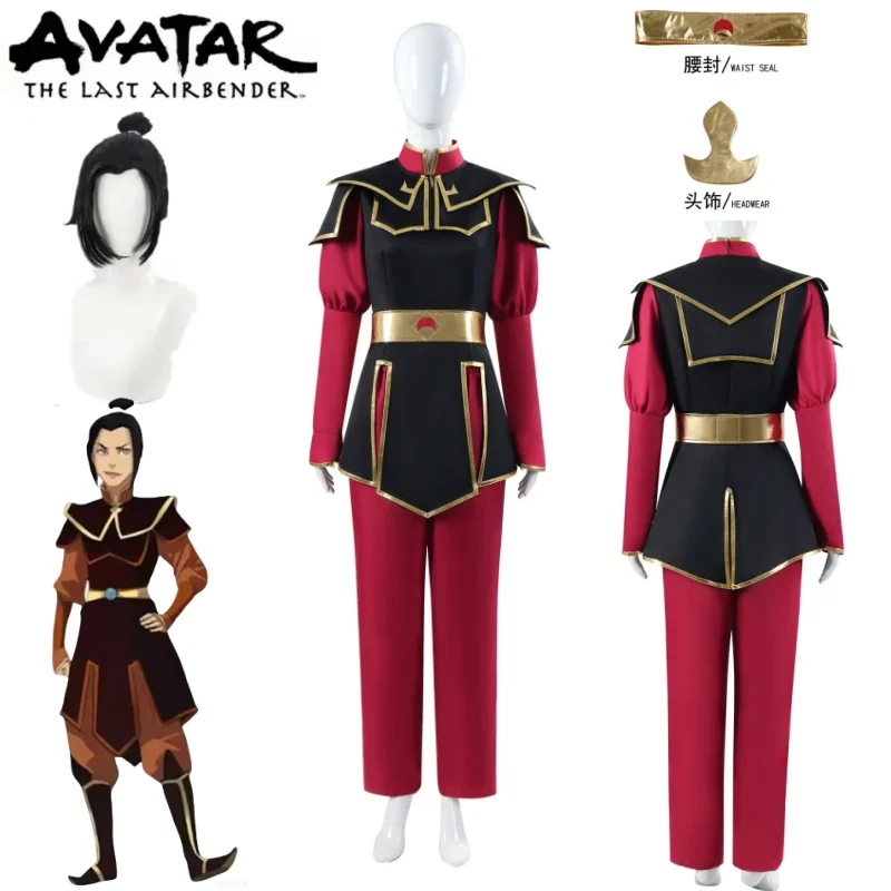 Azula Cosplay Costume Red Suit Headwear Accessories and Wig Anime Avatar Cos Set for Stage Performance Halloween Roleplay