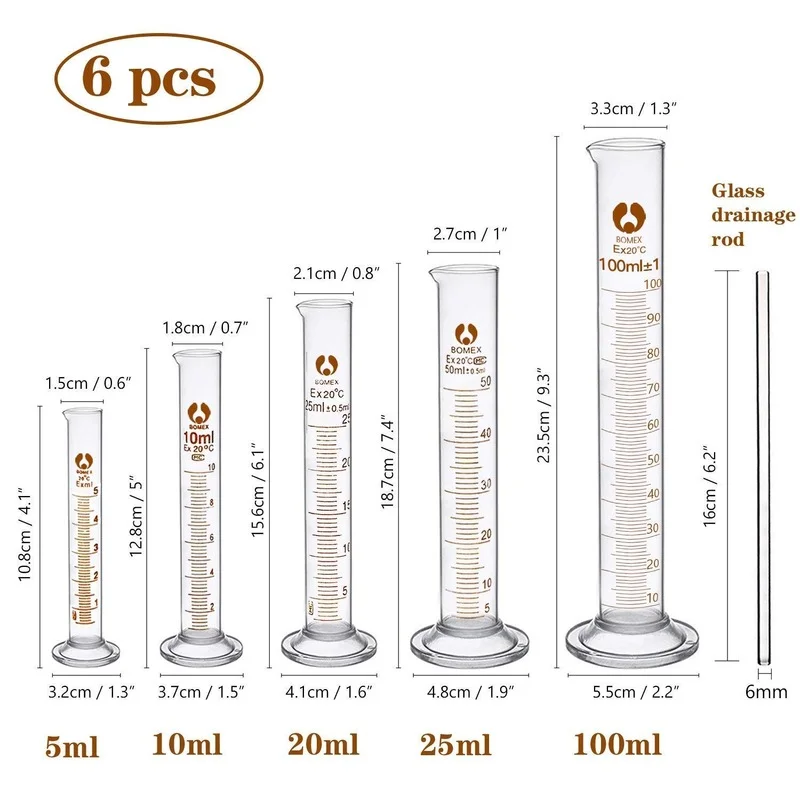 5 Pack Glass Graduated Cylinder 5ml 10ml 25ml 50ml 100ml Lab Measuring Cylinders Set with 1 Stirring Rod