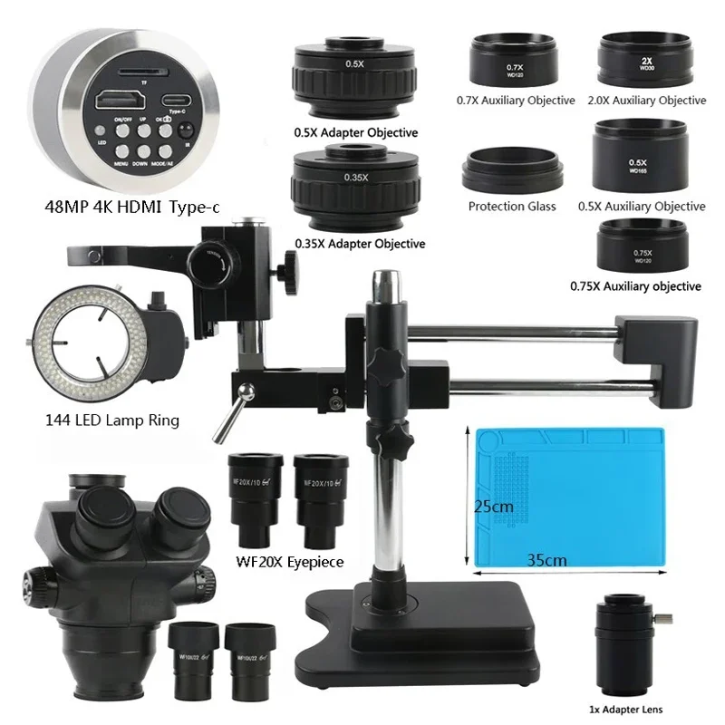 hdmi vga tipo c camera 35x100x 200x duplo boom simul focal microscopio estereo trinocular parfocal 55mp 48mp 24mp 4k 1080p 01