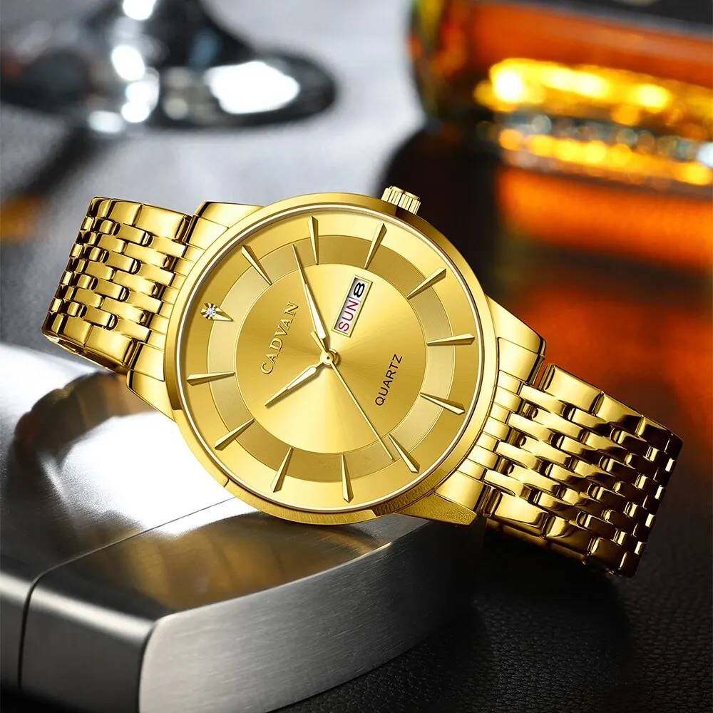 CADVAN-ساعة معصم من الفولاذ المقاوم للصدأ للرجال ، زر ضغط ، مشبك مخفي ، مقاوم للماء ، مضيء ، تاريخ أسبوع ، رياضة ، جودة عالية ، فاخر