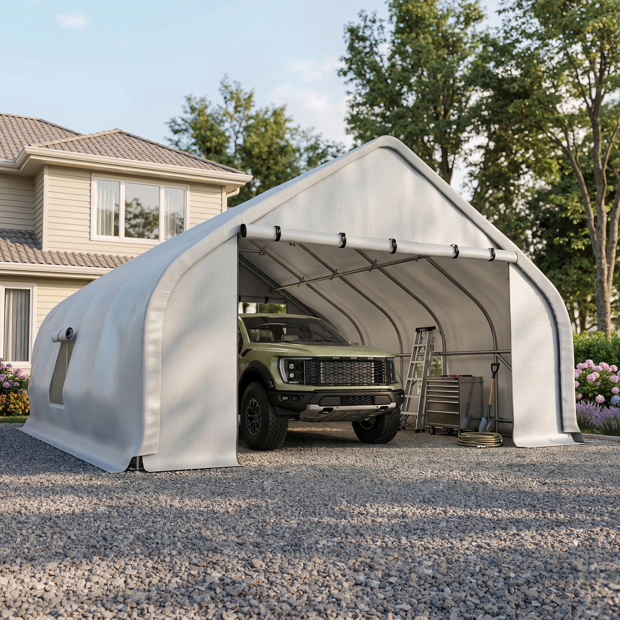 20x20 FT Heavy Duty Curved Carport, Portable Car Tent Garage with Reinforced Galvanized Steel Frame, Enclosed Car Port Canopy with Roll-Up Windows & Doors for Truck, Boat, Silver