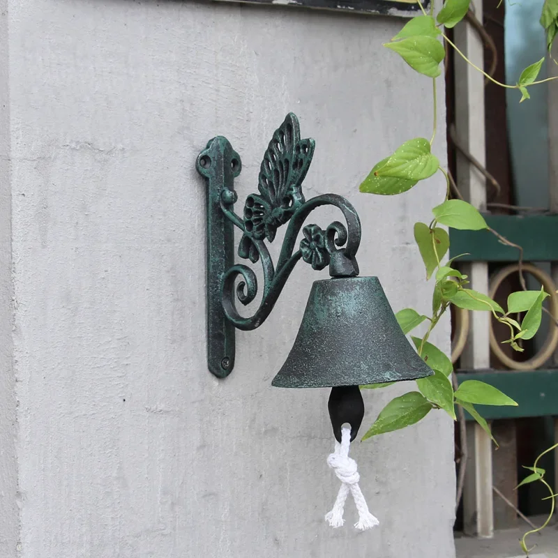 Antique Rustic Butterfly Cast Iron Wall Bell Vintage Green Black Gold Heavy Metal Wall Mounted Hand Cranking Welcome Door Bell
