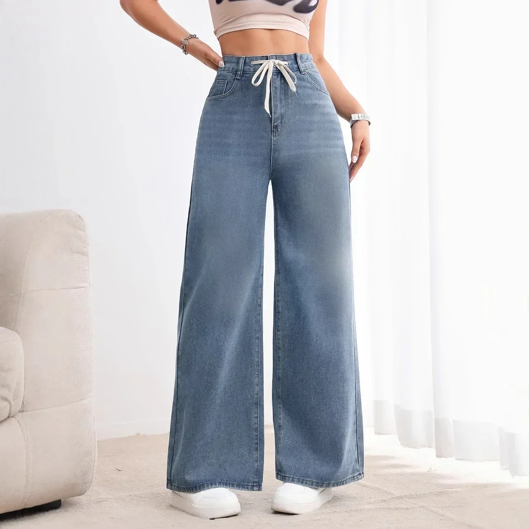 Jeans Wide Leg Pants Women Vintage Denims Drawstring Lace Up High Waist Washed Distressed Straight Trousers 2026 Streetwear