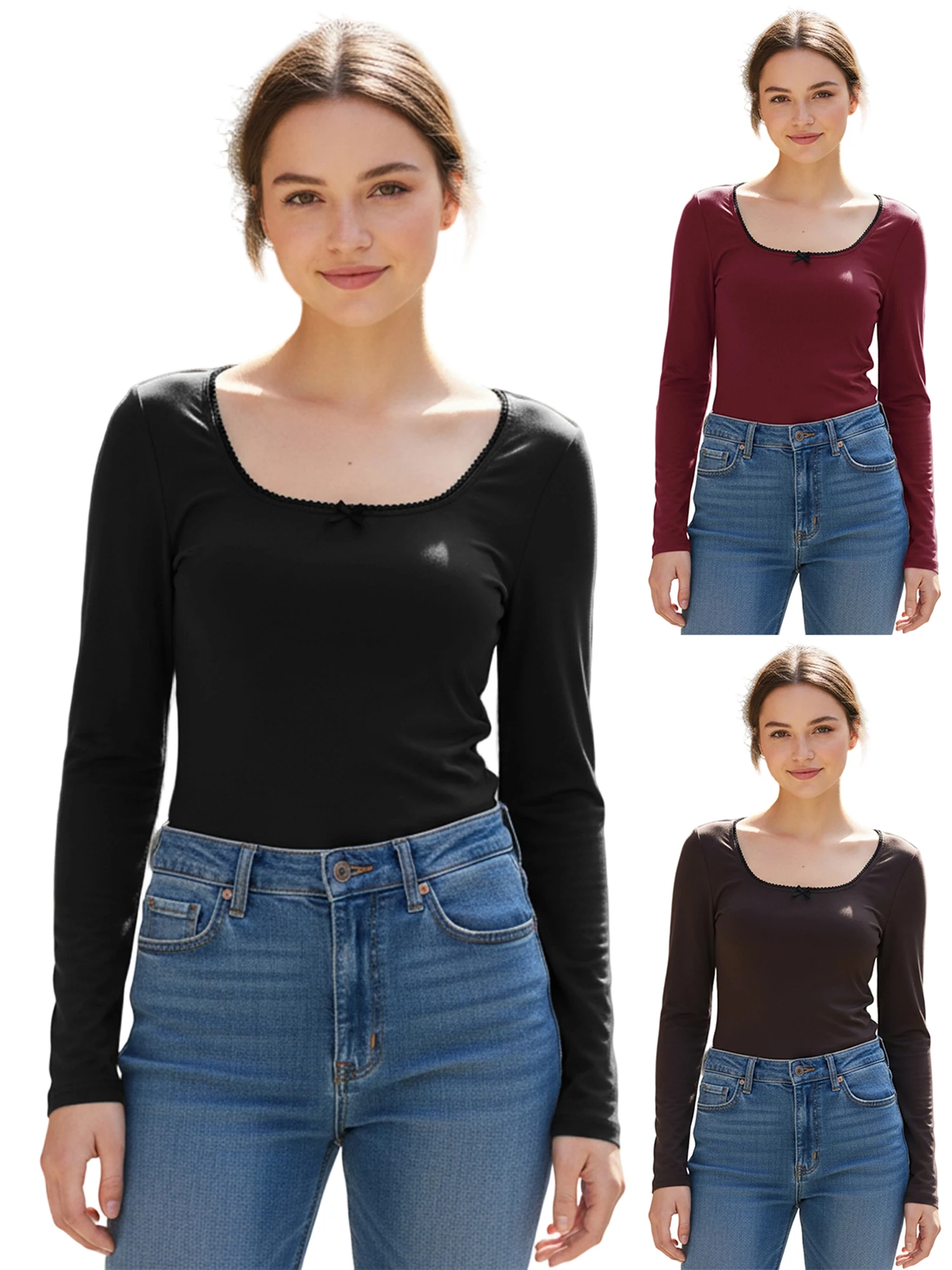 

Женская футболка с элегантным длинным рукавом и квадратным вырезом с бантом, женские осенние топы, уличная одежда