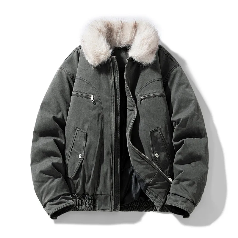 

2025 Man Down Coat Winter Vintage Long Sleeve Pocket Zipper Male Cargo Jacket Thicken Warm Fur Stand Collar Loose Men Outerwear