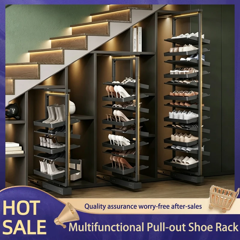 Expandable Built In Retractable Shoe Rack Pull Out Drawer Basket Slide Rail For Deep Cabinet Staircase Storage Organizer
