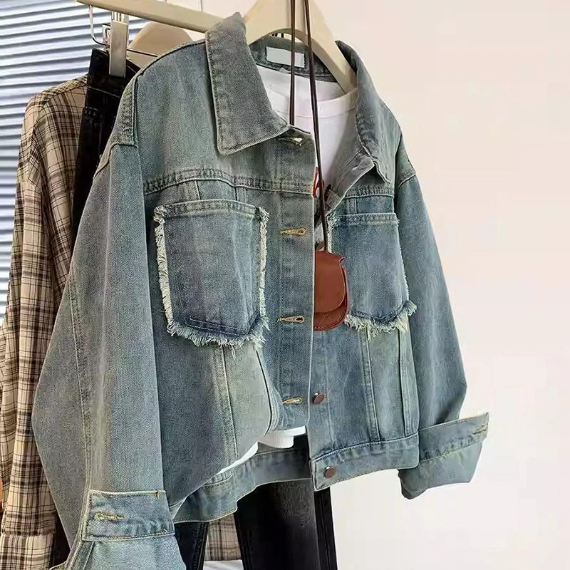 

Ретро джинсовая куртка с отложным воротником для женщин, весна 2026, новая, свободного кроя, с длинными рукавами, однотонная, на одной пуговице, укороченная верхняя одежда