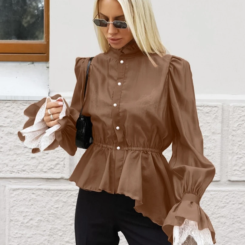 

Vintage Elegant Blouse Women's Summer Mesh Patchwork Lace Long Sleeve Tops High Street Casual Button Cardigan Shirts