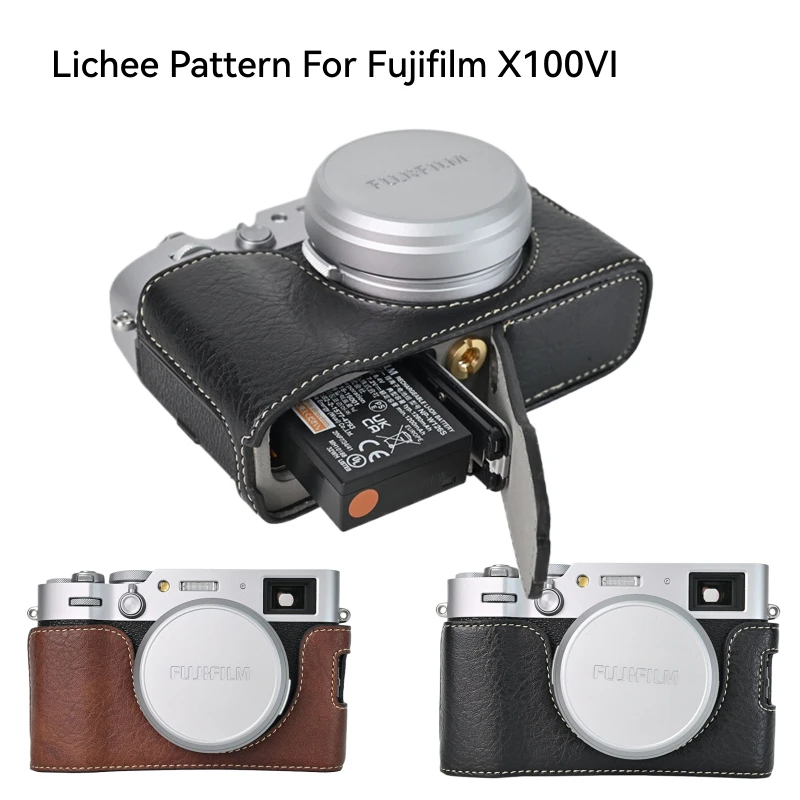 Oil Skin Camera Case Bag for Fujifilm X100VI X100 VI 6 PU Leather Protective Cover Lichee Half Base with Neck Shoulder Strap
