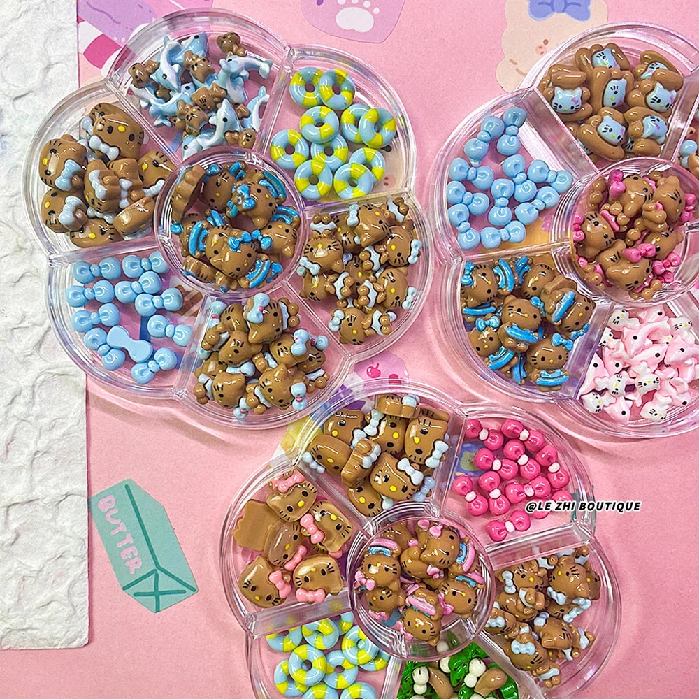 70Pcs Box Hawaii Hellokitty Nails Accessories Diy Charm Sanrio Coffee Color Skin Kt Resin Phone Case Hairpin Nail Art Ornament