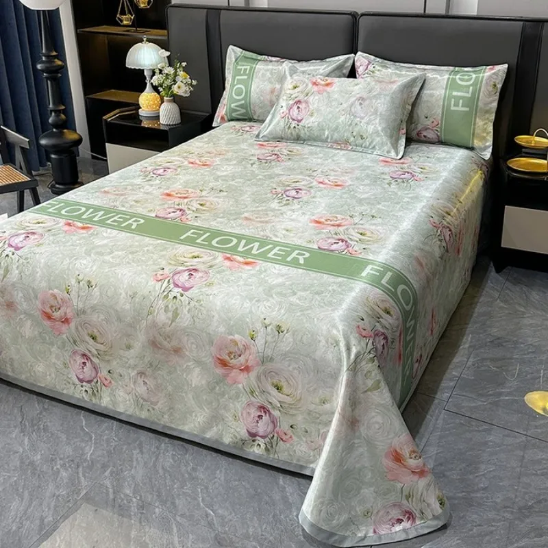Nordic Style Floral Printed Cooling Mat Set Summer Skin Friendly Ice Silk Bed Sheet Set with Pillowcase Breathable Bed Mattress