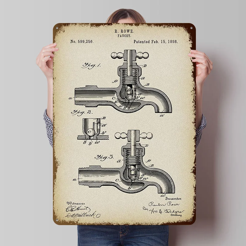 Wasserhahn-Patent Blechposter Maßgefertigte Wandkunst Vintage Metallschilder Retro Blechschild für Wohnzimmerdekoration Schreibtischdeko Haus
