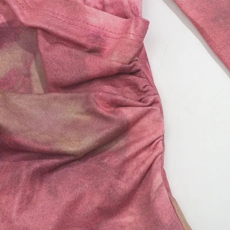 T-shirt a maniche lunghe in vita pieghettata con scollo a V sbavato viola americano autunno nuovo