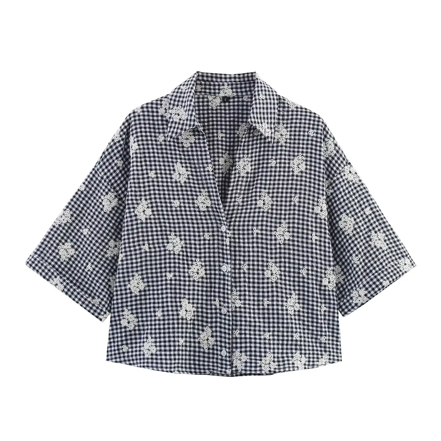 

European and American summer new products women's fashion classic retro fashion embroidered plaid shirt versatile