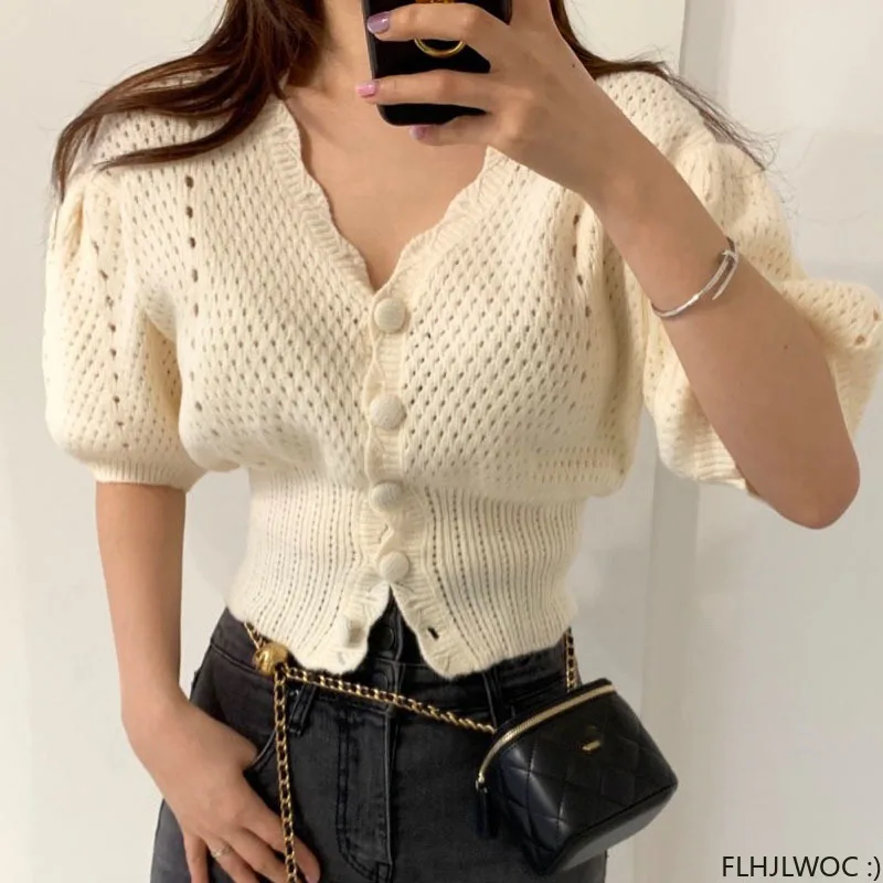 Puff Sleeve Knitting Sweater Tops Summer Short Sleeve Solid Pink White Black Button Short Crop Shirts