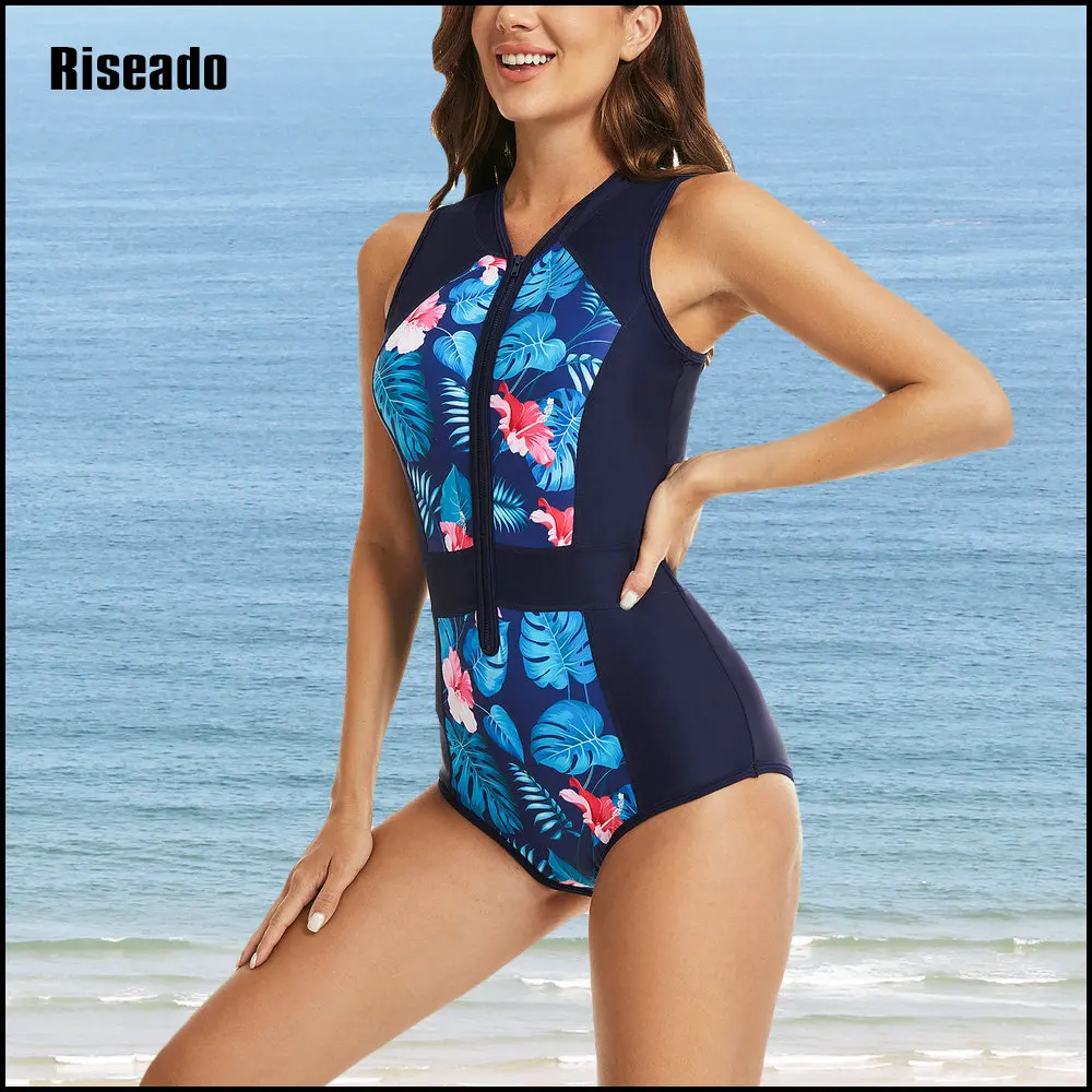 One Piece Bathing Suit for Women Sleeveless Athletic Swimsuits Rash Guard Summer Swimwear Zip Front Surf Suit