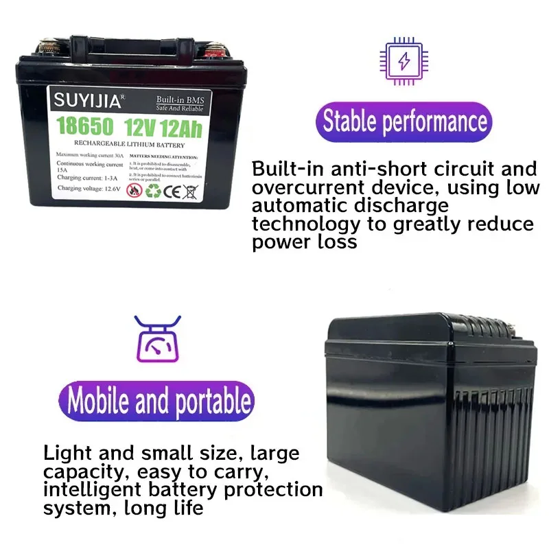 New 12V 12Ah with BMS Lithium-ion Battery for Solar Boat Sprayer Electric Bicycle Night Market Lighting Agricultural Power Tools
