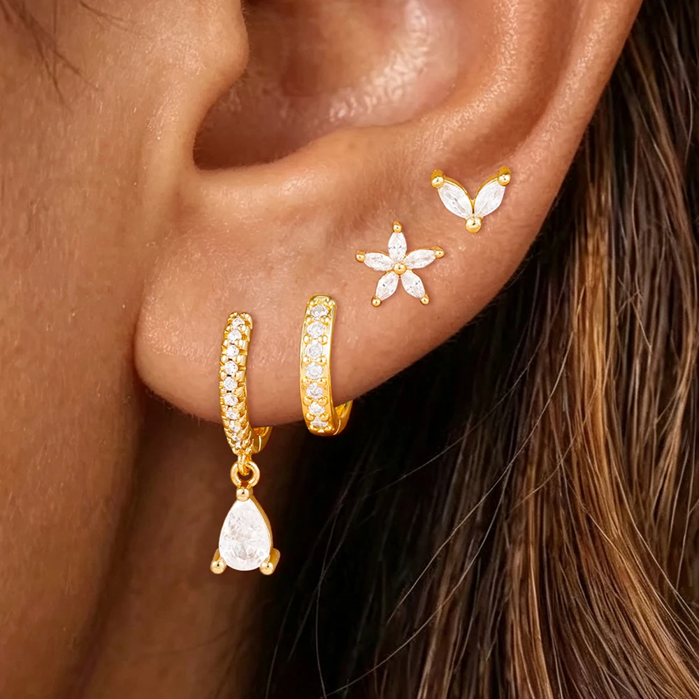 4PCS French Design Zircon Flower Ear Studs Set For Women Water Drop Dangle Earring Trendy Engagement Birthday Jewelry Gift