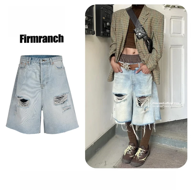 Firmranch New 2025 Wash Blue Worn Baggy Jorts For Men Women Ripped Short Jeans Crop Pants High Street Oversized Denim Shorts