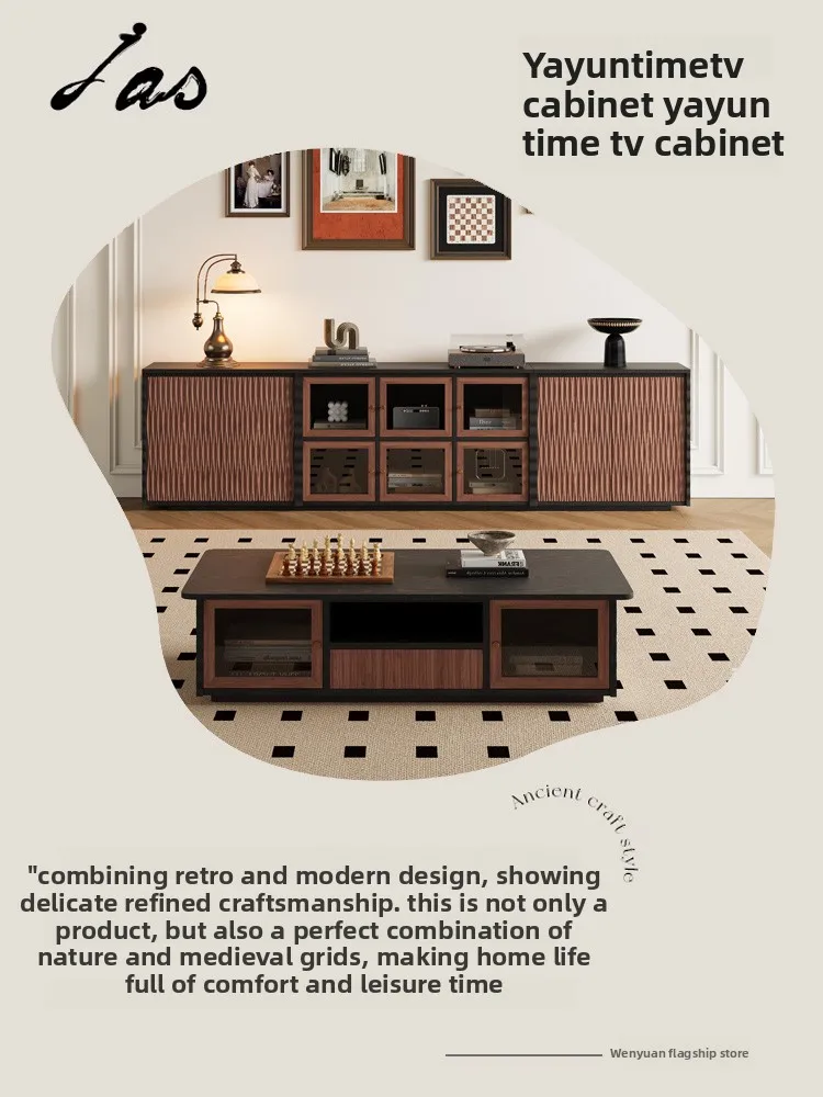 Medieval style bookcase TV cabinet integrated living room solid wood storage locker retro module combination cabinet floor
