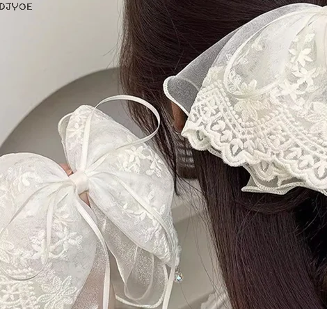 

【DJyoe】French Lace Bow Ponytail Clip Sweet Holiday Style Shark Clip Elegant Hairpin Hair Accessories