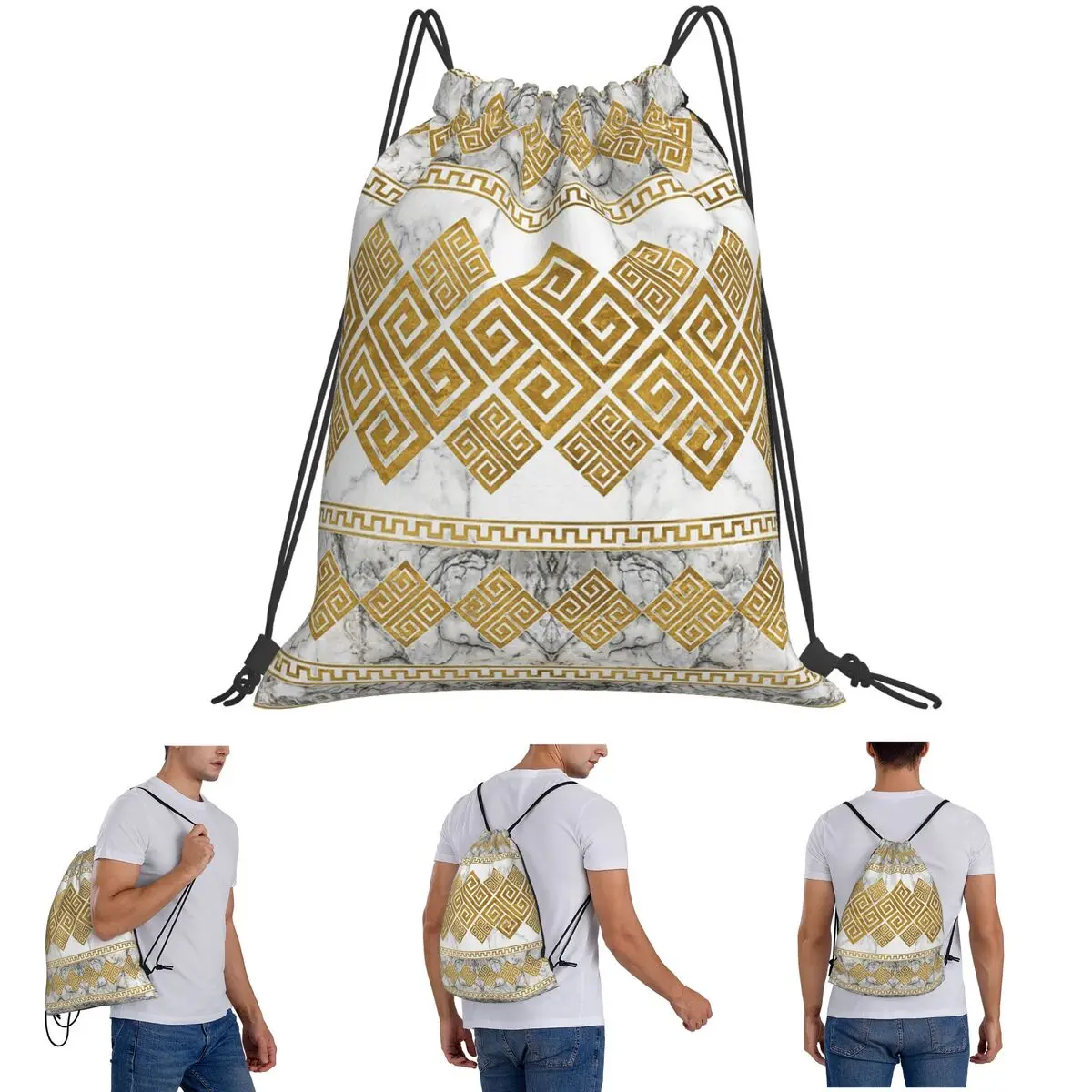 Greek Meander - Greek Key White Marble And Gold Backpacks Drawstring Bundle Pocket Sports Bag Book Bags for Man Woman Students