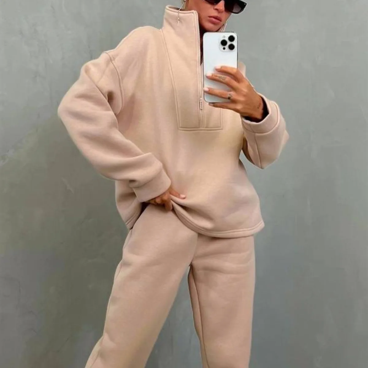 Women Two Piece Sets Sweatshirts Zipper Stand Collar Full Sleeve Splice Pullovers Straight Pants Suit Solid Casual Suits