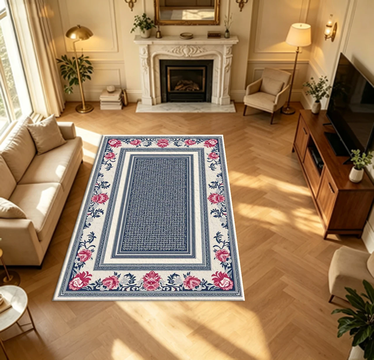 Classic Floral Border Woven Texture Carpet Flooring European Household Living Hall Bedroom Area Rug Indoor Floor Decor Mat