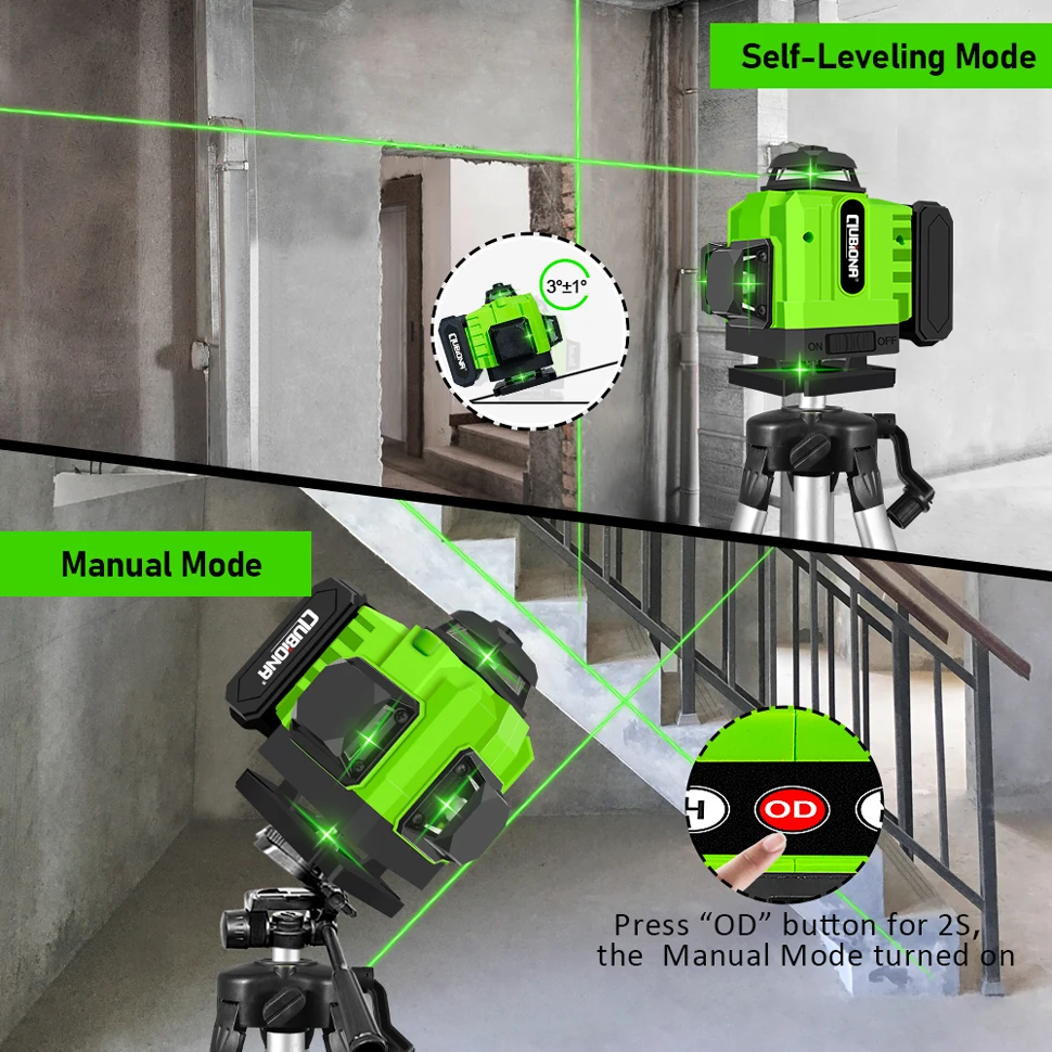 Clubiona 3D/4D 12/16 Lines laser level professional super powerful green line and lithium-ion battery remote control pulse mode