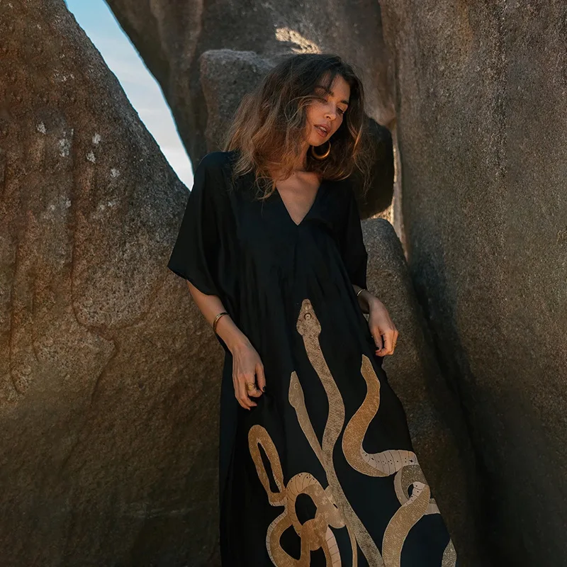 ชุดคลุมบิกินี่สีดำแบบกิโมโน แขนทรงค้างคาว ผ้าคลุมชายหาด ชุดคลุมแม็กซี่สำหรับผู้หญิง ผ้าคลุมชุดว่ายน้ำแบบหลวม