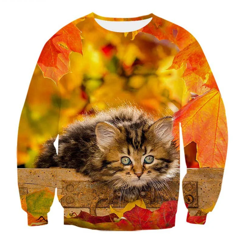 3D Printed Cartoon Animal Hoodie For Men Cute Cat Pattern Sweatshirts Autumn Long Sleeves Unisex Loose Hoodies Round Neck Tops